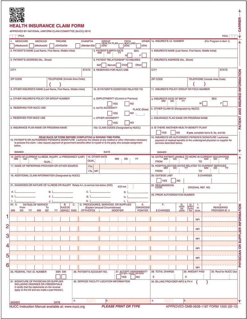 CMS-1500 Health Insurance Claim Form, 250/Box (CMS12LC250)